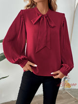 Lantern Long Sleeve Bow Solid Color Shirt