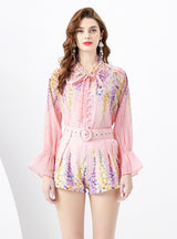 V-neck Lantern Sleeve Pleated Shirt+Shorts Suit