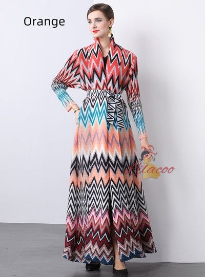 Pleats Loose Large Print Dress Coat