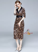 Leopard Long Sleeve Vintage Dress with Belt