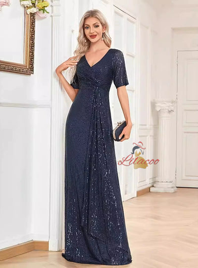 Navy Blue Sequins V-neck Short Sleeve Prom Dress