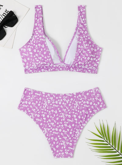 Split High Waist Leaf Printed Bikini