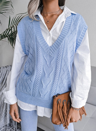 Hollow Twist V-neck Knitted Vest Sweater