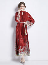 Printed Lantern Sleeve Pleated Belt Dress