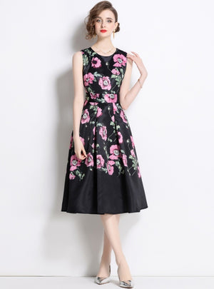 Retro Slim Sleeveless Print Long Dress