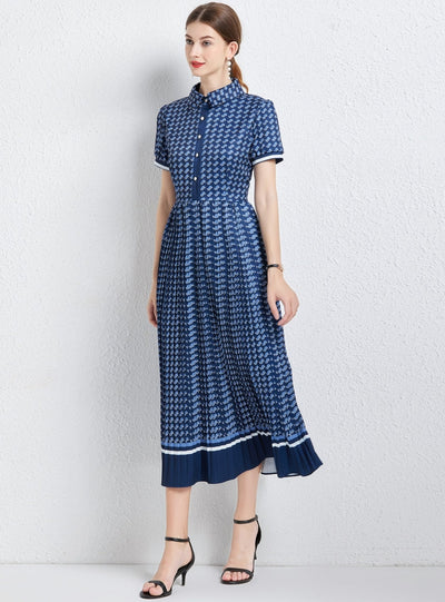 Pleated Shirt Collar Short Sleeve Dress