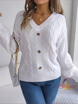 Solid Color V-neck Button Twist Lantern Sleeve Sweater