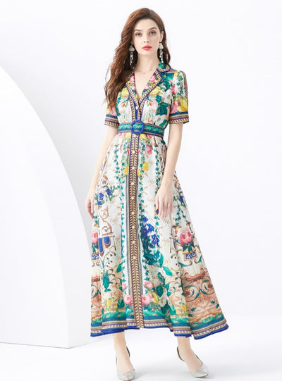 Holiday Short Sleeve Printed Long Dress