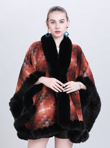 Plaid Padded Fur Collar Shawl Cloak