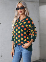 Leaves Print Christmas Crewneck Sweater