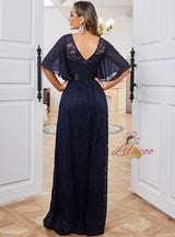 Navy Blue Lace V-neck Prom Dress