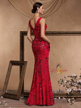 Red Mermaid Sequins V-neck Prom Dress