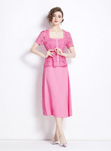 Pink Lace Fake Two-piece Short-sleeved Dress