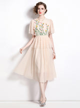 Heavy Mesh Stitching Beaded Flower Dress