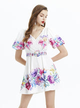 Plant Printed Bubble Sleeve V-neck Ruffled Dress