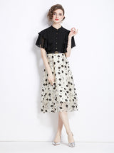 Retro Black Mosaic Floral Short Sleeve Dress