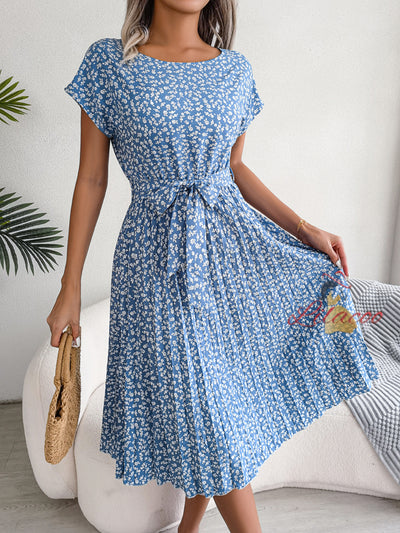 Casual Short-sleeved Floral Pleated Dress