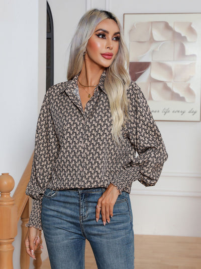 Geometric Printed Lantern Sleeve Long Sleeve Shirt