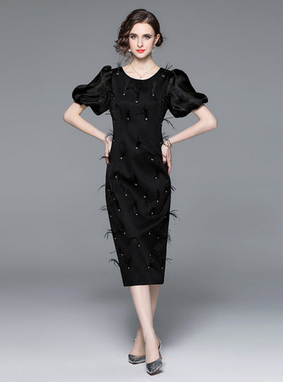 Retro Bubble Sleeve Heavy Beaded Dress