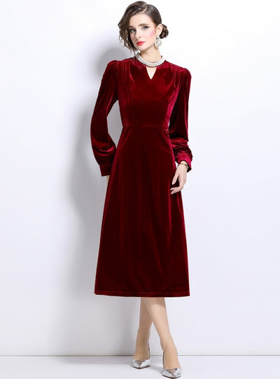 Retro Long Sleeve V-neck Velvet Dress