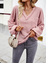 Solid Color V-neck Long Sleeve Top