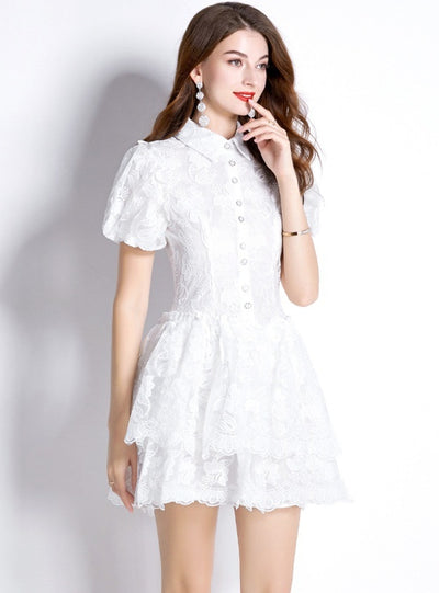 White Embroidered Bubble Sleeve Dress