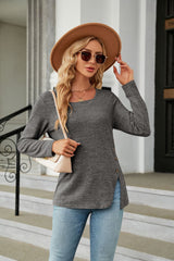 Square Neck Button Split Loose Long Sleeve T-shirt