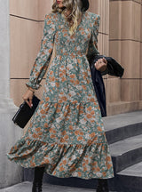 Long Sleeve V-neck Print Long Dress