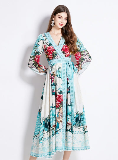 V-neck Long Sleeve Printed Long Dress