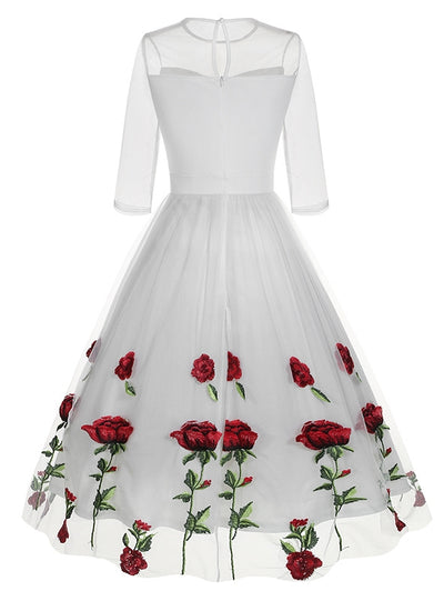 Round Neck Gauze Rose Embroidery Retro Dress