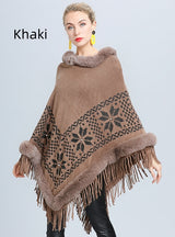 Flower Jacquard Fur Collar Fringed Shawl