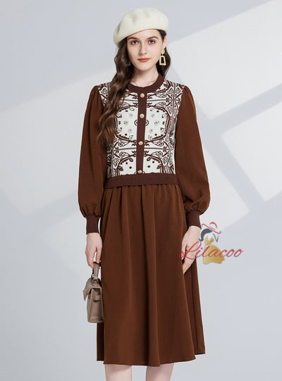 Classical Jacquard Round Neck Long Sleeve Dress