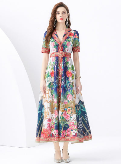 Short-sleeved Printed Long Dress