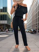 Slanted Shoulder Solid Color Jumpsuit Pants