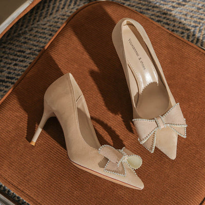 Diamond Bow Suede Pointed Stiletto Shoes