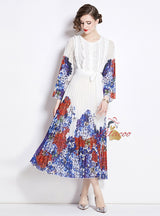 Printed Lace Stitching Pleated Dress