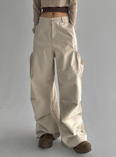 High Waist Pocket Drawstring Pleated Straight Pant