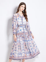 Chiffon V-neck Lantern Sleeve Printed Dress