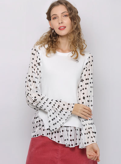 Spliced Chiffon Long Sleeve Round Neck Top