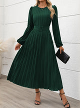 Long Sleeve Pleated Round Neck High Waist Dress