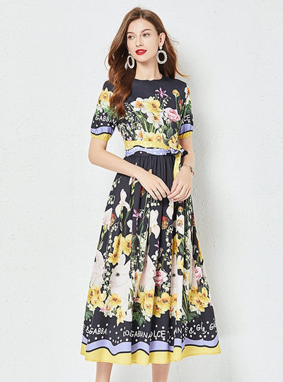 Retro Short-sleeved Round Neck Printed Dress