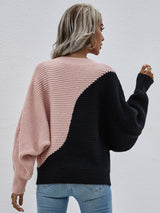 Bat Sleeve Color Matching Round Neck Sweater