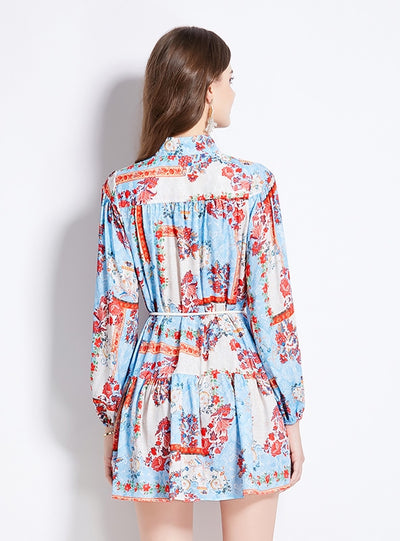 Printed Long-sleeved Retro Short Dress