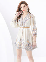 Palace Lantern Sleeve Printed Short Mini Dress