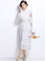 Slim-fit Stitching Lace Dress with Pearl Belt