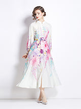 Retro Stand-up Lantern Sleeve Printed Dress