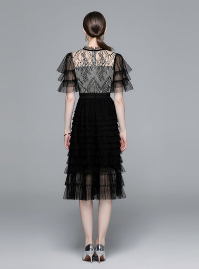 Bow Round Neck Lace Short Sleeve Mesh Cake Dress