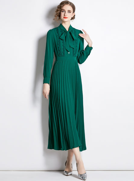 Tie-led Long-sleeved Stitching Big Swing Dress