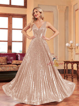 Champagne Sequins Deep V-neck Prom Dress