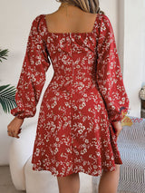 Sexy Square Collar Floral Long Sleeve Dress